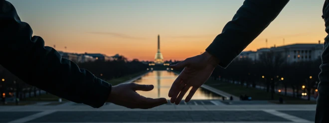 Two hands reaching toward each other at sunset along the National Mall, Washington DC